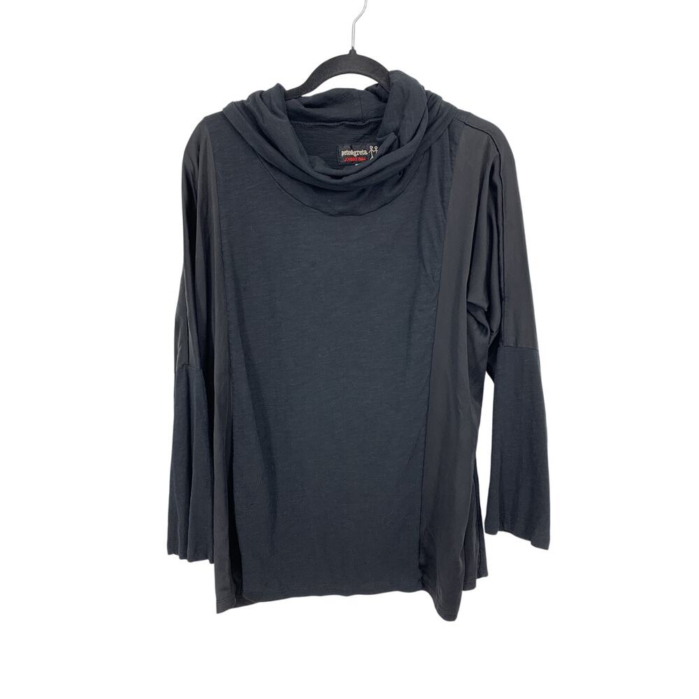 Johnny Was Mila Top Womens Medium Black Draped Cowl Neck Contrast Side Panels